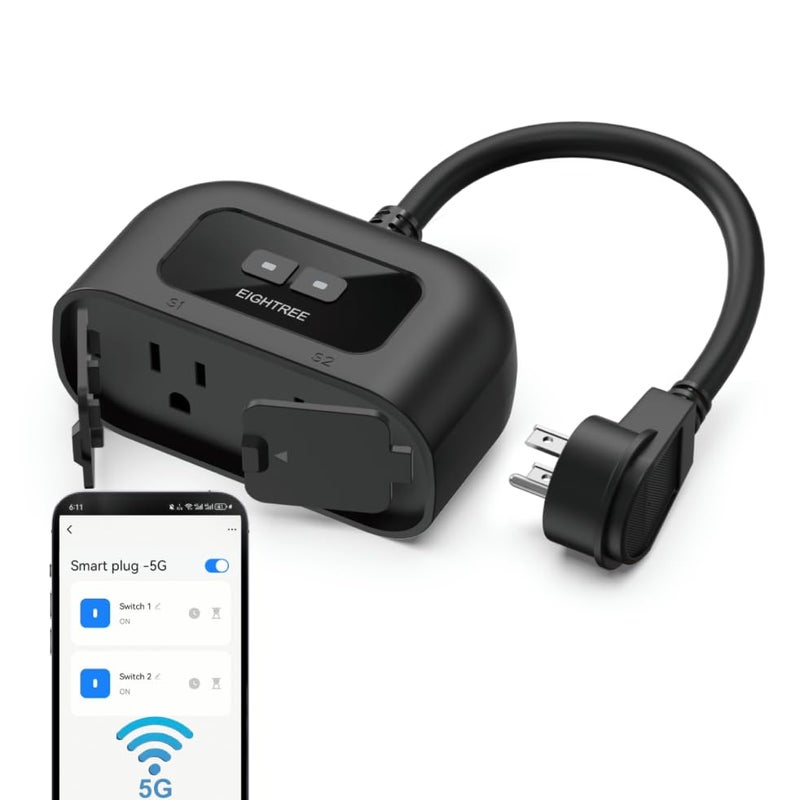 EIGHTREE 5GHz Outdoor Smart Plug Waterproof IP44, WiFi Smart Outlet Plug with 2 Independently Controlled Outlets, Compatible with Alexa & Google Assistant, Voice&Remote Control, Timer&Schedule, 1 Pack - Image 1